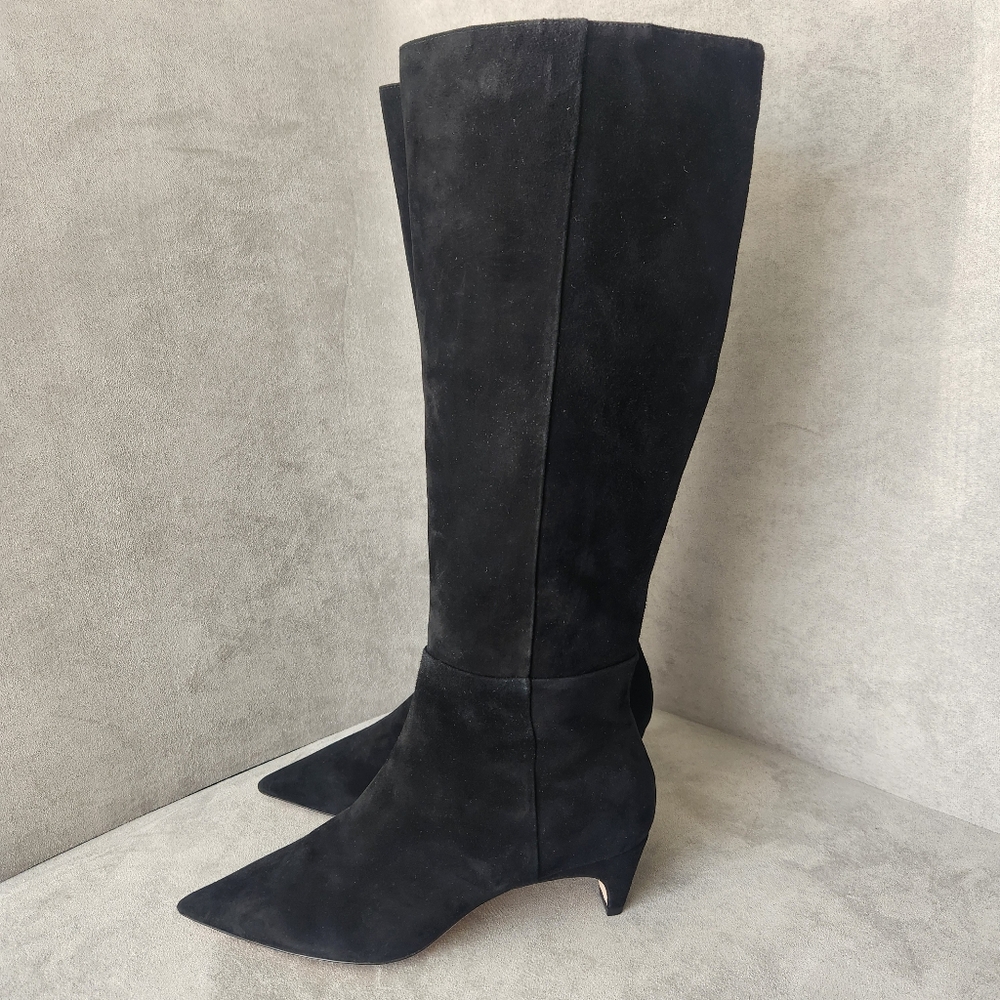 Antonio Melani Knee High Boots 7.5 Black Suede Kitten Heels Pointed Toe New $180